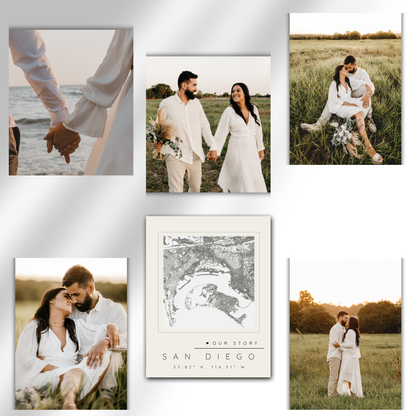 “Our Story” Bundle — Custom Map Magnet +  5 Personalized Photo Magnets