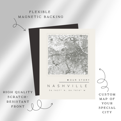 “Our Story” Bundle — Custom Map Magnet +  5 Personalized Photo Magnets