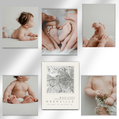 “Our Story” Bundle — Custom Map Magnet +  5 Personalized Photo Magnets