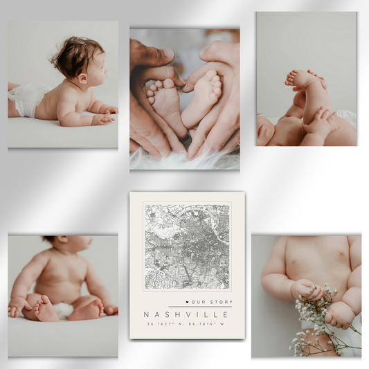 “Our Story” Bundle — Custom Map Magnet +  5 Personalized Photo Magnets