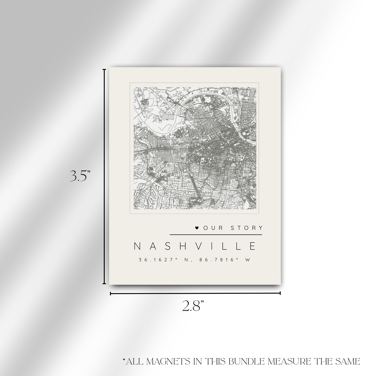 “Our Story” Bundle — Custom Map Magnet +  5 Personalized Photo Magnets