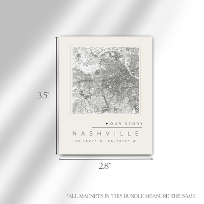 “Our Story” Bundle — Custom Map Magnet +  5 Personalized Photo Magnets
